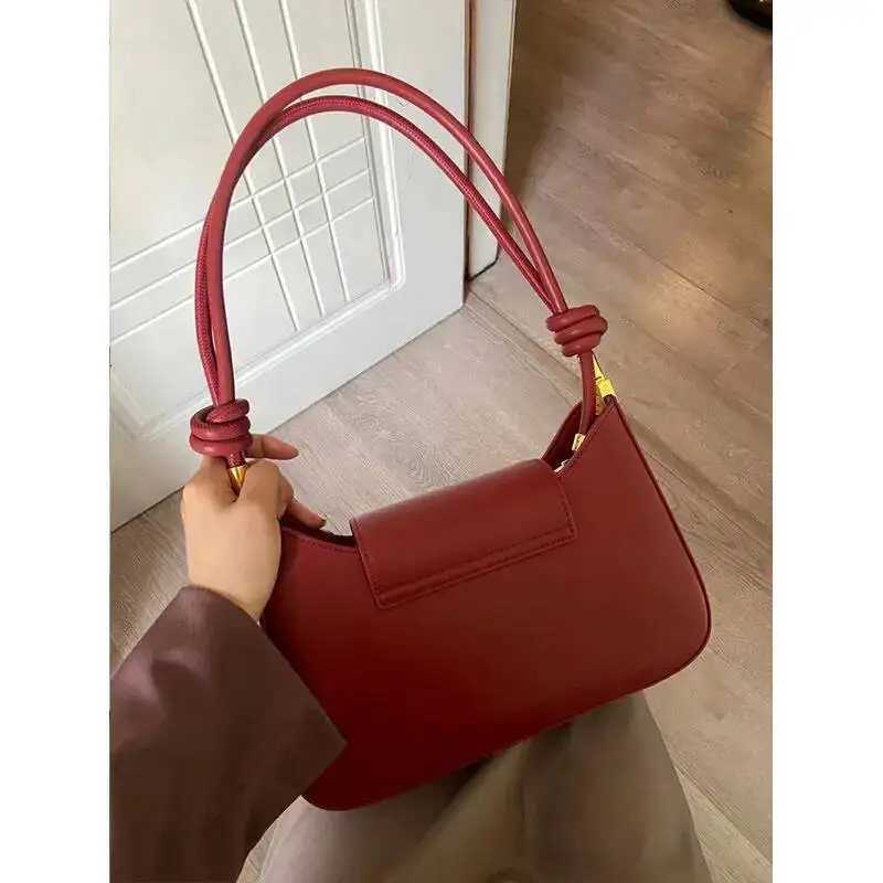 Bloom Vintage Red Y2k Handbag Women High Street Elegance Pu Leather Shoulder Ladies Retro Fashion Underarm Bag AestheticW251115