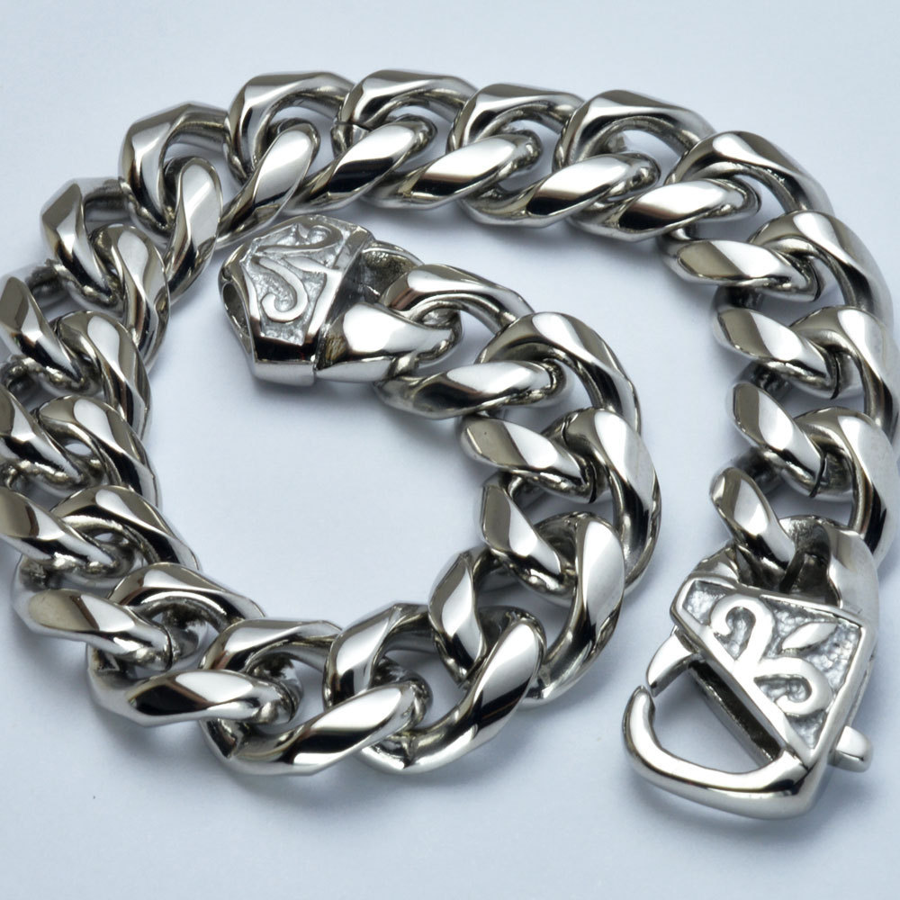 Smooth Stainless Steel Large 15mm 8.66inch Mirror Cuban Curb Link Chain Bracelet For Mens