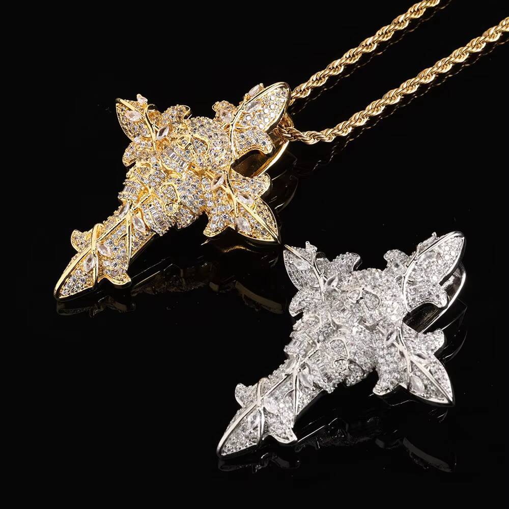 Moissanite Hip Hop Jewelry Iced Out Custom 3D Charm Pendant Shiny CZ Diamond Rose Flower Cross Pendant for Men Women