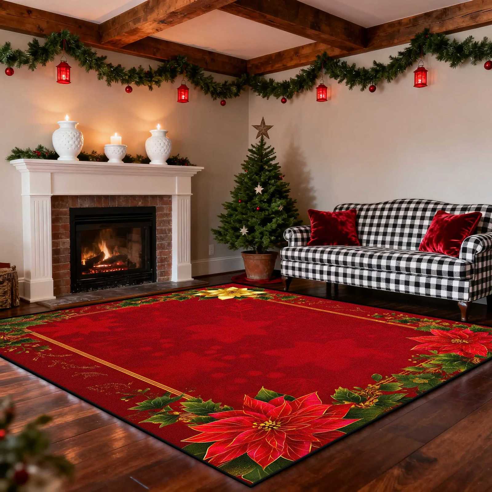 European Style Christmas Poinsettia Flower Decoration Carpet Living Room Large Area Plush Rugs Bedroom Warm Atmosphere Floor MatM251117