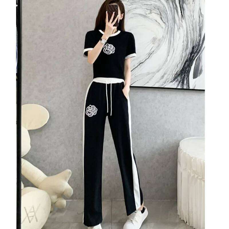 Women's Casual Sports Suit Summer New Fashion Street Bombing Style Short Sleeve Corp Top And Wide Leg Pants 2 Two Piece Set