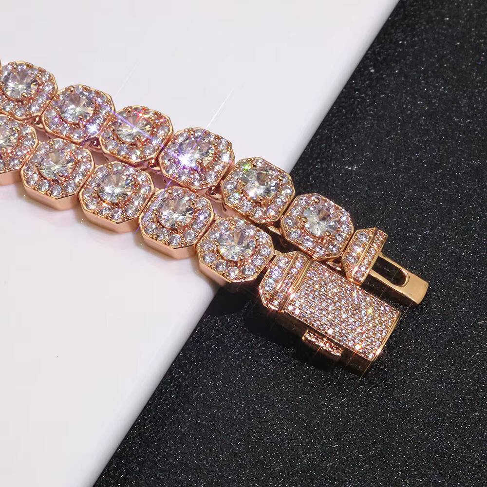 Moissanite Hip Hop Jewelry 10/12mm Rose Gold Plated Clustered Tennis Chain Necklace Bling Iced Out Zircon Choker Necklaces for Women