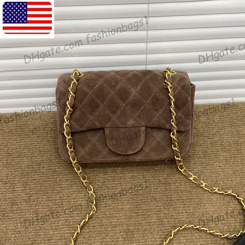 Designer Bag French Womens Designer Suede Brown Quilted Bags Classic Mini Flap Sqaure Purse Gold Metal Hardware Matelasse Chain Crossbody Shoulder Outdoor Handbag