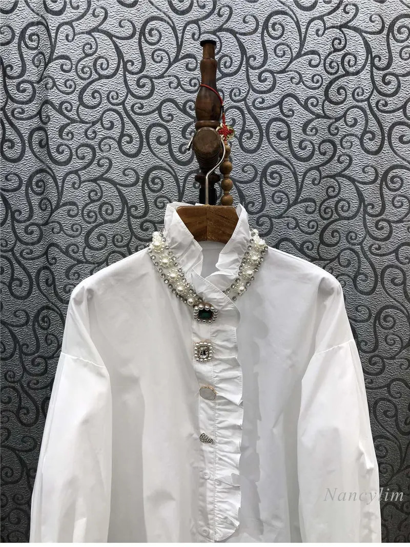 Spring Exquisite Rhinestone Beaded Ruffled Shirt for Women Long Lantern Sleeve Cotton Blusas Ladies White Blouses Loose Top 250415