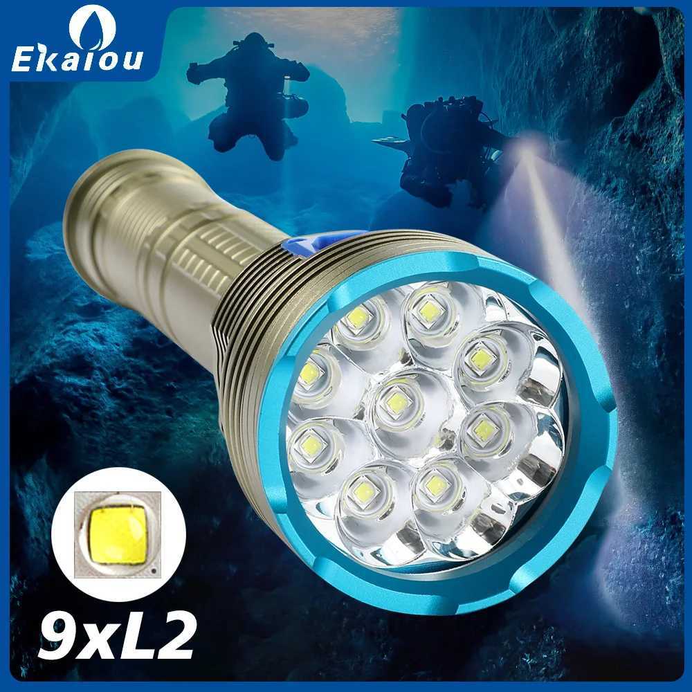 Scuba Flashlight Professional Underwater Diving IPX68 Waterproof Torch 9 LED Light For Caving Snorkeling Spearfishing Lamp M251117