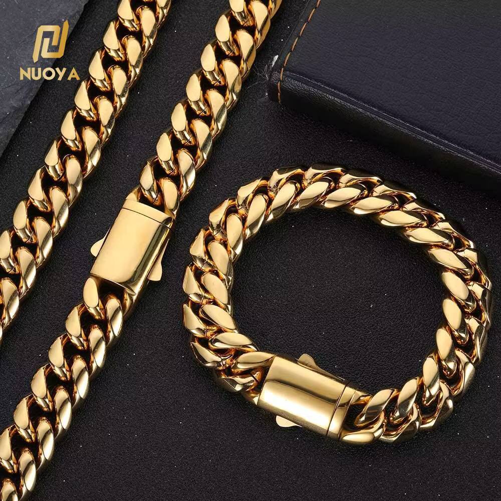 Nuoya 12MM 18K Gold Cuban Bracelet Wholesale Hip Hop Chain Jewelry PVD Plated Gold Cuban Bracelet for Men