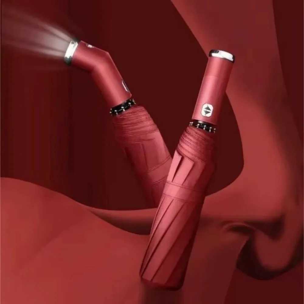 10-Bone Frame LED Flashlight Umbrella Windproof Design Three Fold Rotating Umbrella Waterproof UV Protection Automatic Umbrella C251117