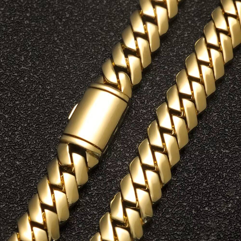 NUOYA 12mm Miami Cuban Link Chain 18K Gold Plated Brass Hip Hop Jewelry Custom Rapper Mens Bracelet Gift