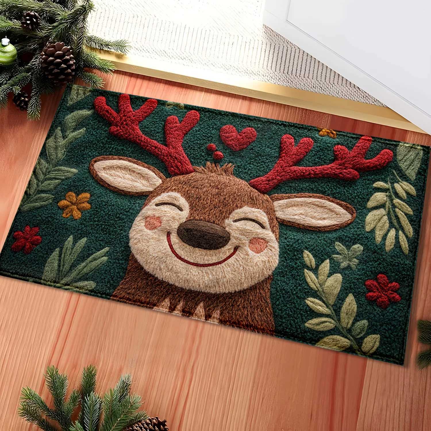 1pc Fluffy Christmas Deer Microfiber Bath Mat - Quick-Dry Absorbent Festive Holiday Design with Red Berries Green LeavesM251117