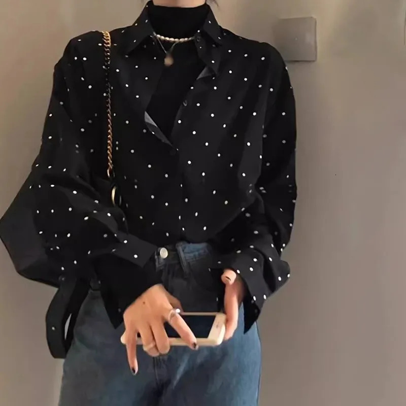 Womens V-neck Polka Dot Long Sleeve Elegant Shirt Retro Lapel Loose Color-Collision Long Sleeve Fashion Single-Breasted Blouse 250417