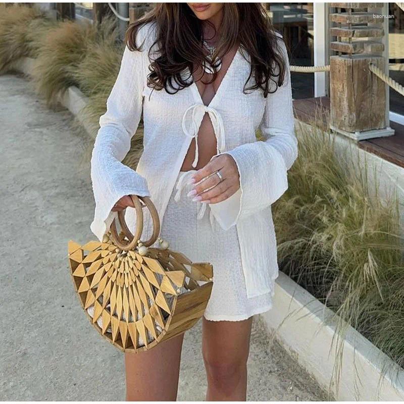 Womens Tracksuits 2025 Summer Hollow Lace Up Beach Suit Casual Long Sleeved Two Piece Set Sexy V Neck Top With Shorts Outfits