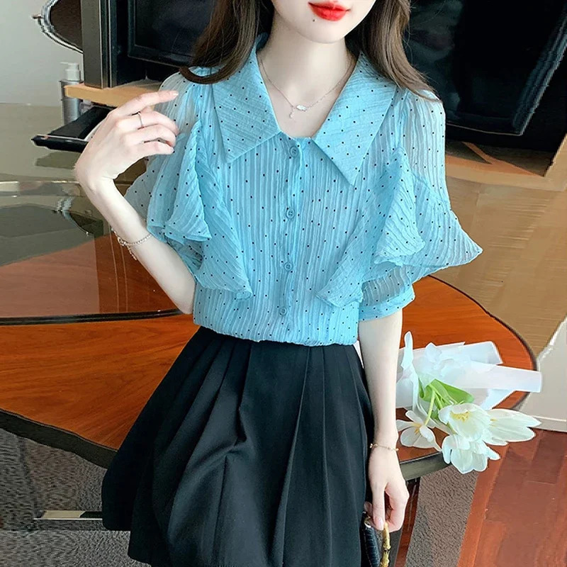2025 Fashion Summer Turn Down Collar Women Shirt Short Sleeve Dot Chiffon Shirt Blouse Women Tops Blouses Camisas De Mujer G671 250417