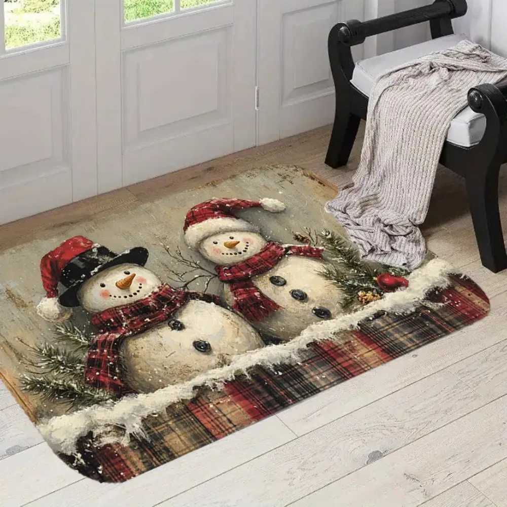 1pc Country Style Christmas Snowman Doormat Soft Non-Slip Machine Washable Plaid Border Holiday Kitchen Decor Home Entry RugM251117