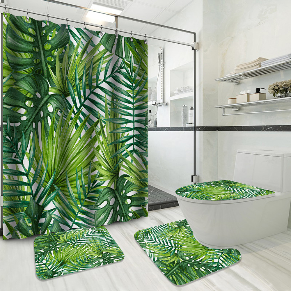 YL-37731 Hot Selling Shower Curtain 4-Piece Set, Green Plant Series, Waterproof and Mildew-Proof Shower Curtain, No Drilling Required