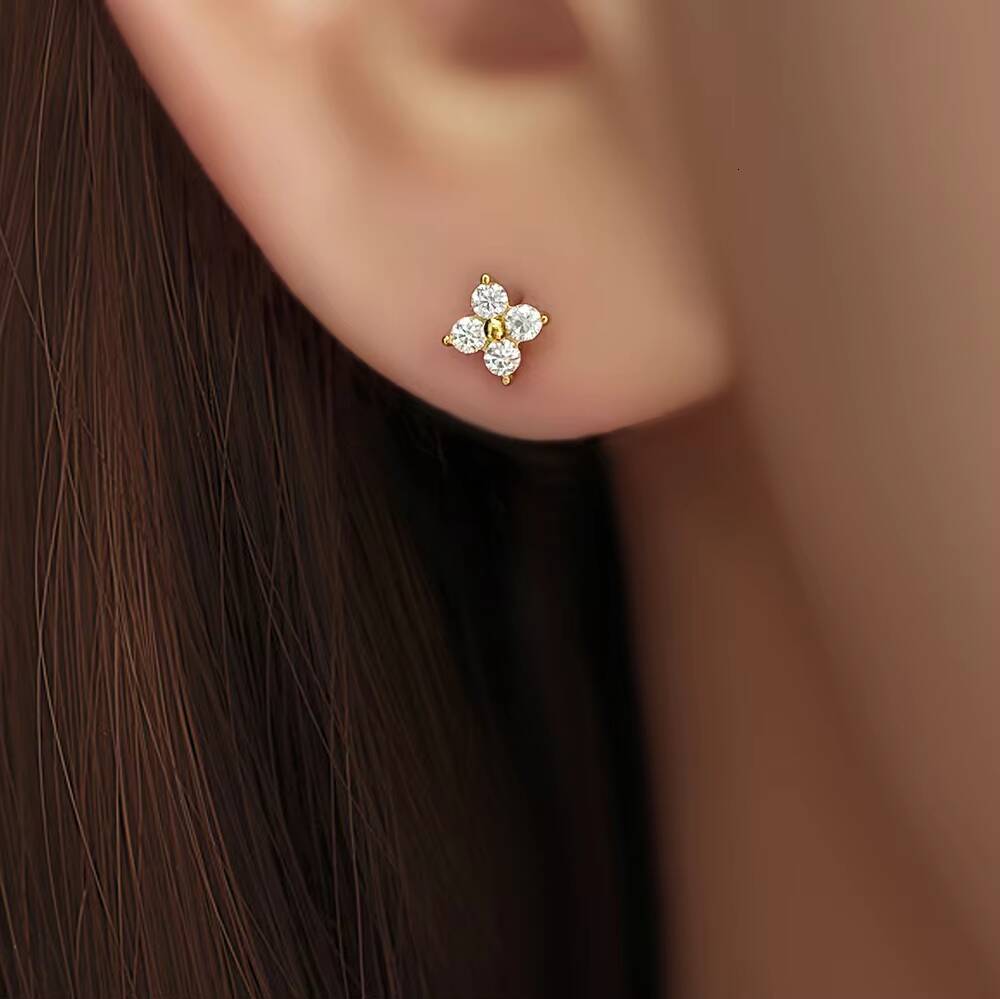 925 Sterling Silver Diamond Wedding Clover Flower Earrings VVS Moissanite Stud Screwback Daily Wear Stud Earrings