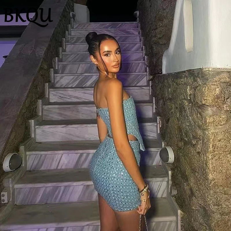 BKQU Women Sequined Denim Two Piece Sets Sexy Strapless Corset Tank Tops and Mini Skirt Sets Summer Party Nightclub Outfits 250415