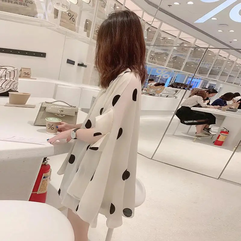 Summer Chiffon Thin Oversize Short Sleeve Polka Dot Women Casual Shirts Elegant Comfortable Silky Loose Straight Female Clothing 250417