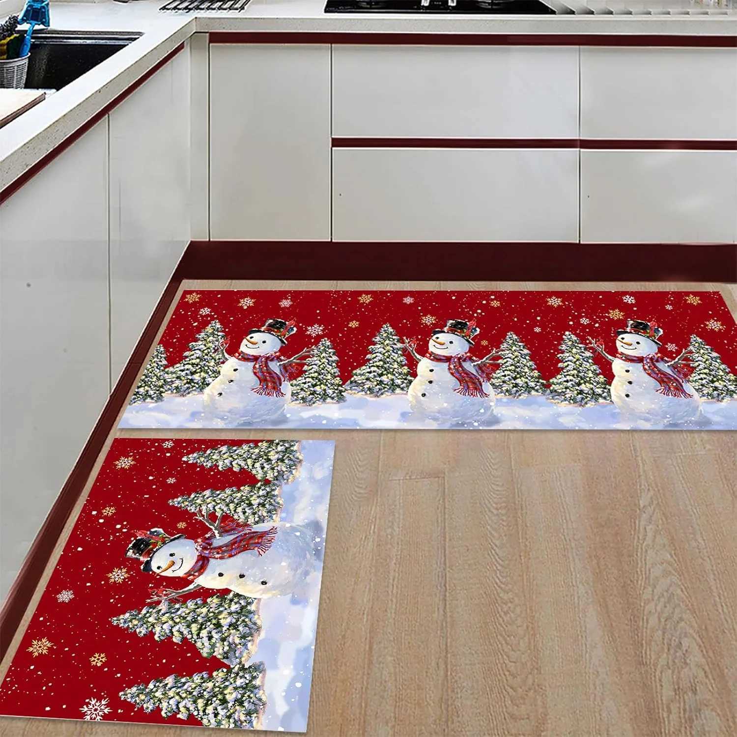 Christmas Kitchen Rugs Snowman Christmas Tree Christmas RugsNon-Slip Washable Kitchen MatsChristmas Kitchen DecorM251117