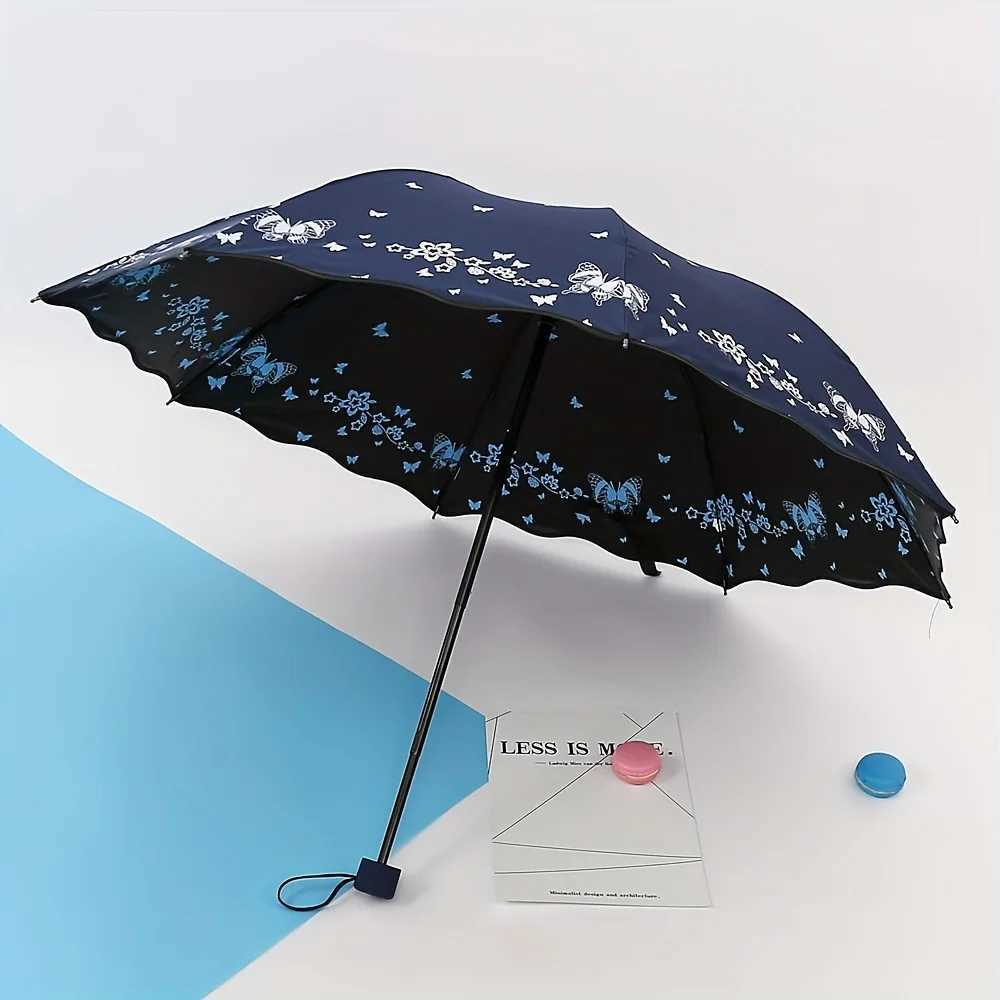 Stylish Double-Sided Butterfly Print Umbrella - Windproof UV Protection Suitable for Sunny and Rainy Days Wavy Ruffle Edge C251117