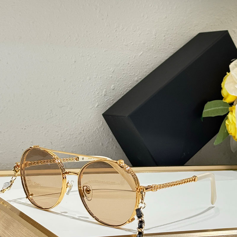 New Pilot Sunglasses CH4291 Luxury Women Round Sunglasses Womens Designer Double Lens Glasses UV400 Protective Fashion Womens Metal Calfskin Glasses with Chain