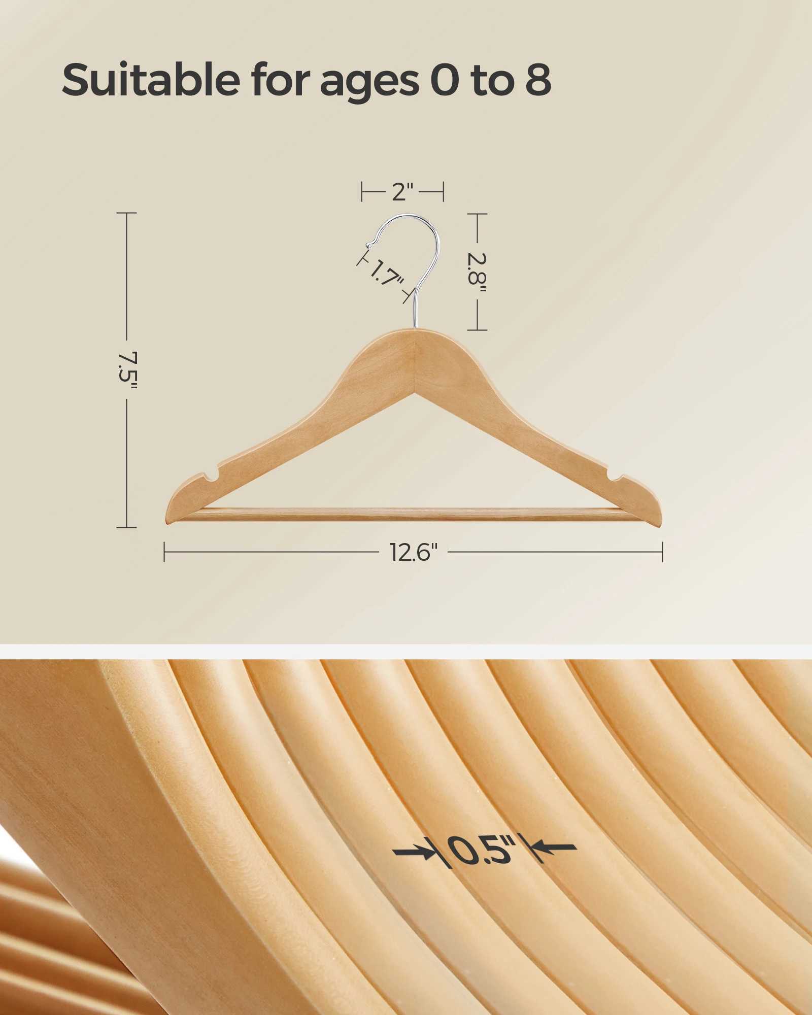 SONGMICS Kids Wooden Hangers 20 Pack Solid Wood Baby Hangers Childrens Coat Hangers with Pants Bar Shoulder Notches C251117