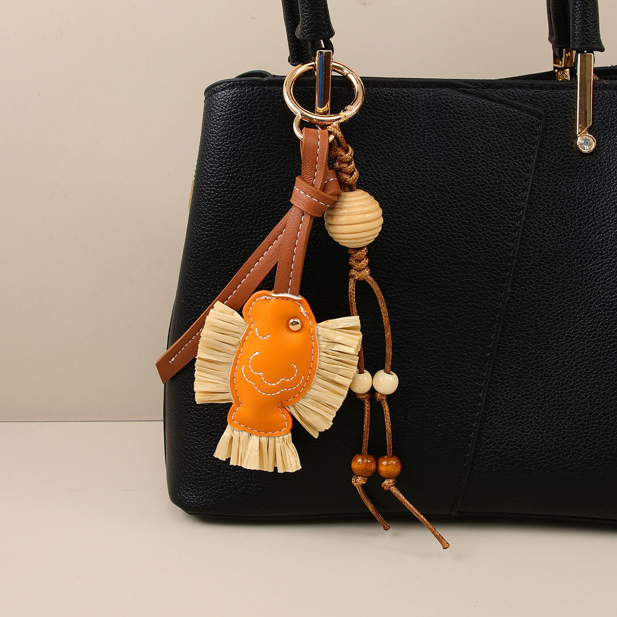 designer bag charm new year series yearly pu patchwork raffia small fish wooden bead woven rope creative bag pendant car hanging