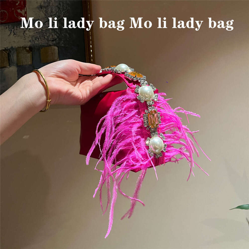 french style evening ostrich feather lunch box handmade diamondstudded flower pearl gemstone silk satin handbag phone bag