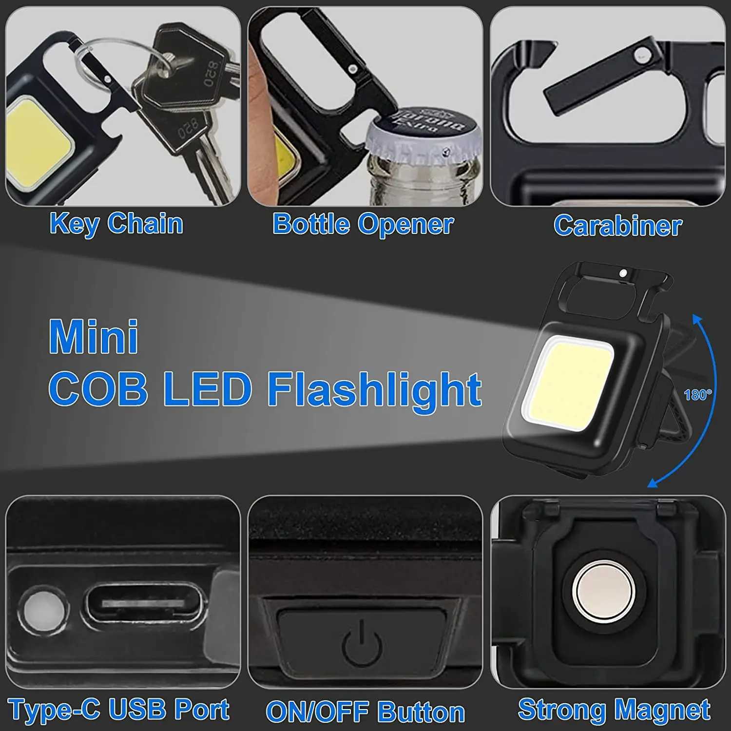 COB Keychain Flashlight 1000Lumens Bright Rechargeable Portable Pocket Flashlight 3 Light Modes Light with Folding Brack M251117