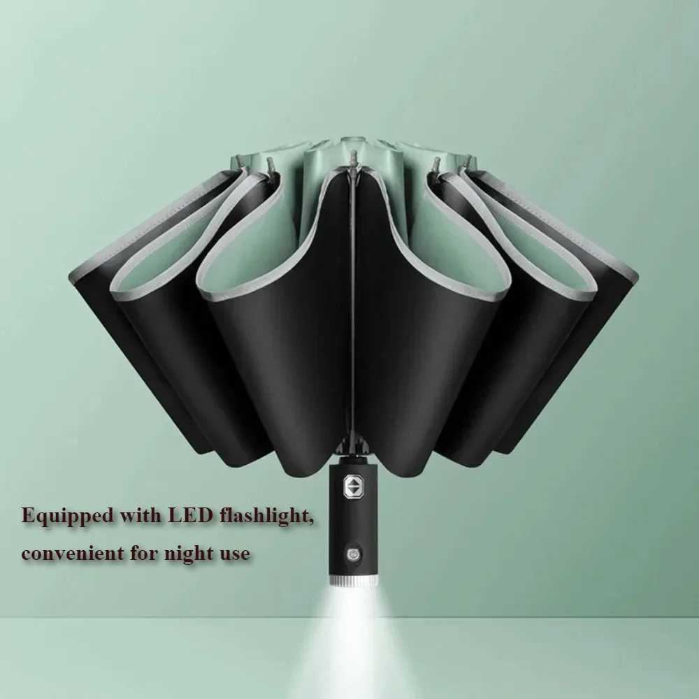 Folding Automatic Umbrella Business UV Protection Sunshade with Led Lighted Windproof Reflective Stripe Rain Umbrella Reverse C251117