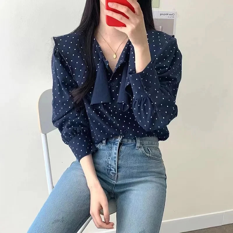 Elegant Polka Dot Women Blouse Spring Loose Long Sleeve Korean Irregular Peter Pan Collar Shirt Casual Ruffled Tops Blusas 250417