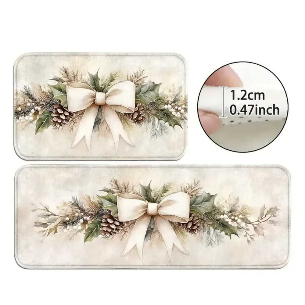 VIKAMA 1PC/2PC Christmas Bow Holly Leaf Doormat Indoor Entry Mat Front Doormat Kitchen Non-Slip Rug Holiday Home DecorM251117