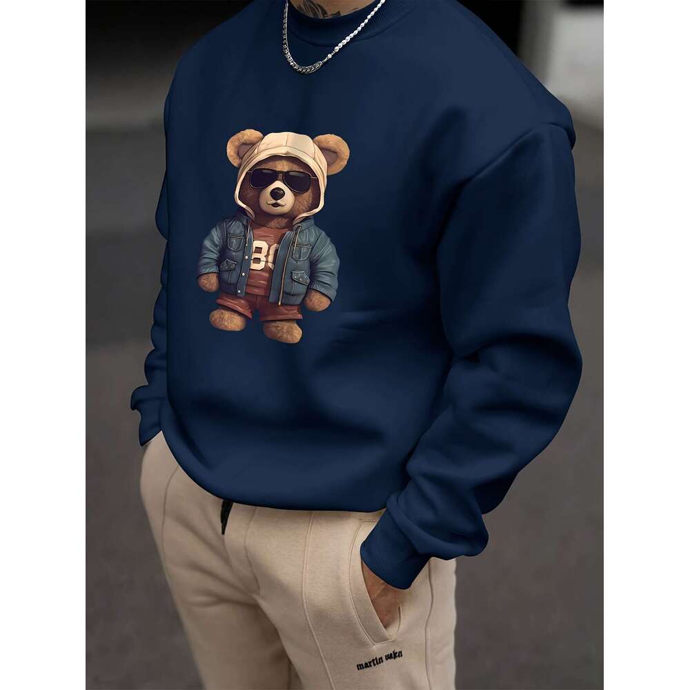 Men's Casual Polyester Sweatshirt With Creative Teddy Bear Print - Crew Neck, Loose Fit, Slight Stretch, Knit Fabric, Long Sleeve Pullover