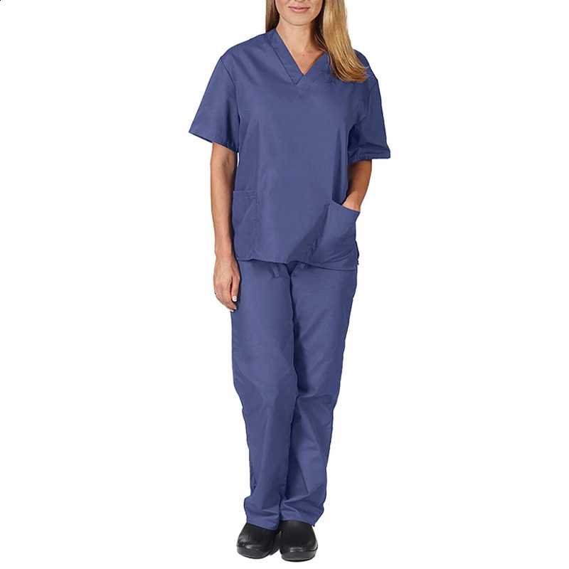 Solid Color V-Neck Short Sleeve Nurse Workers Uniform Women Hospital Doctor Nursing Workwear Set Dental Surgery Clothes 250415