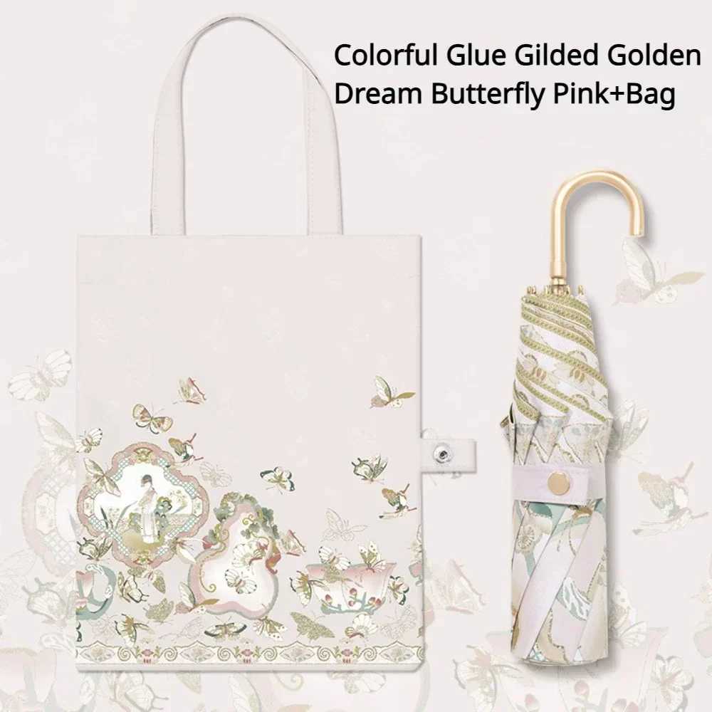 Folding Umbrella Urved Handle Gold Hook Umbrella Vintage Sun Umbrella Protection Anti-Uv Umbrell Rain Dual-Purpose Umbrella C251117