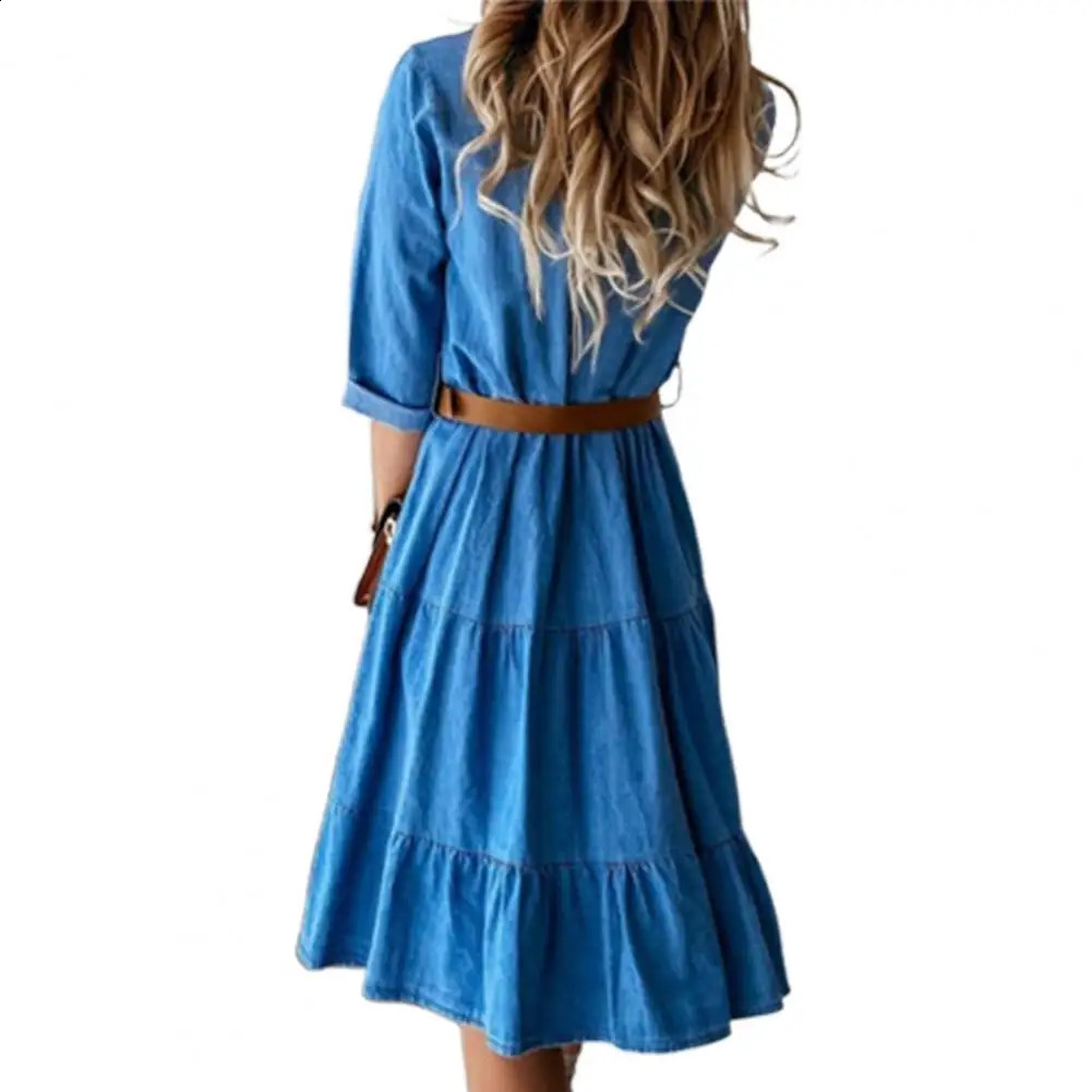 Denim Dress Three Quarter Sleeve with Belt Turn-down Collar Spring Autumn Buttons Ruffle Jeans Dresses for women 250414