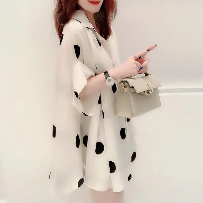 Summer Chiffon Thin Oversize Short Sleeve Polka Dot Women Casual Shirts Elegant Comfortable Silky Loose Straight Female Clothing 250417