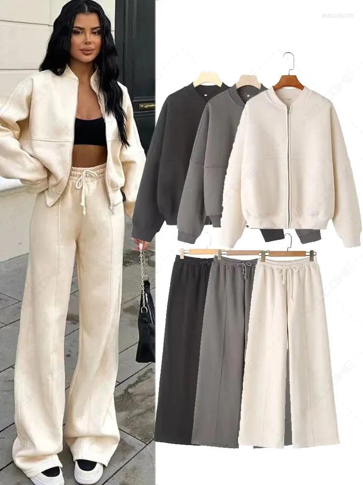 Women's Tracksuits Women Sweatsuit Set Vintage O-neck Zipper Bomber Jackets High Waist Loose Pants Suit Female 2025 Spring Fashion Lady