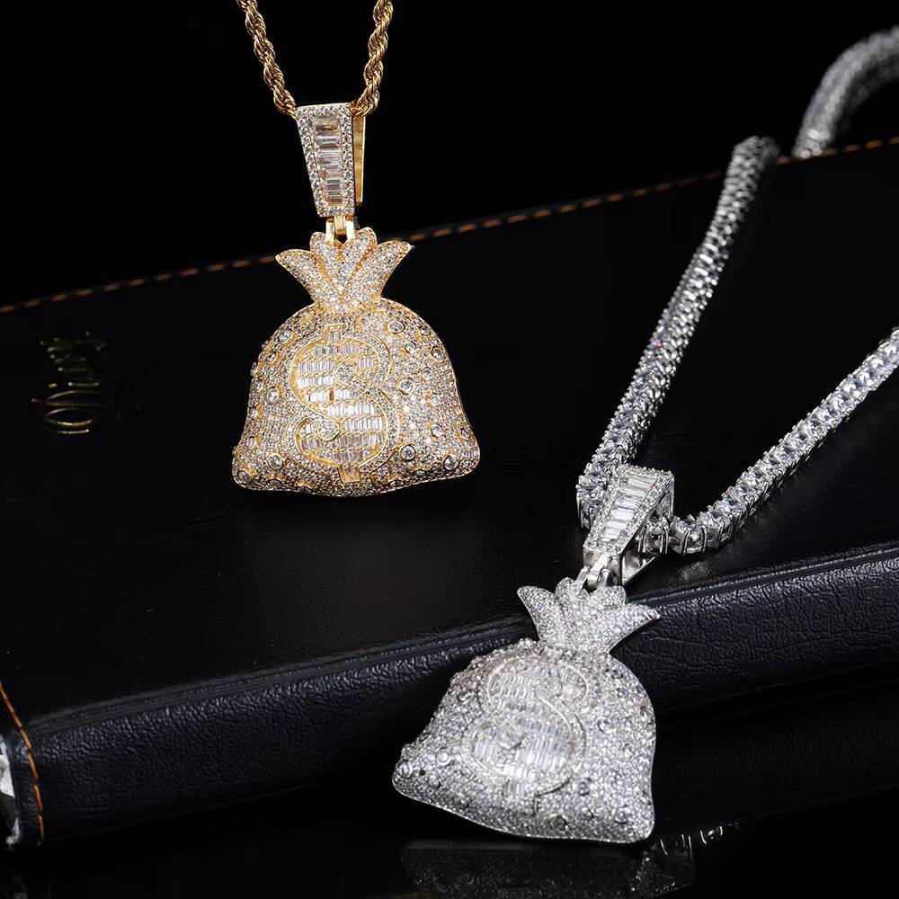 Moissanite Hip Hop Iced Pendant Jewelry Gold Plated Necklace Full Pave Cubic Zirconia Money Bag Pendant