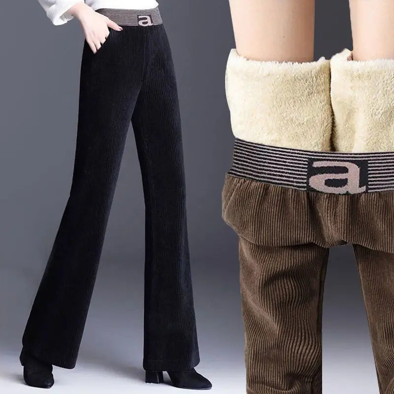 Women Therma Flared Pants Fleece Lined Winter High Waist Corduroy Leggings Loose Letter Elastic Waisted Fleecing Trousers Z260314