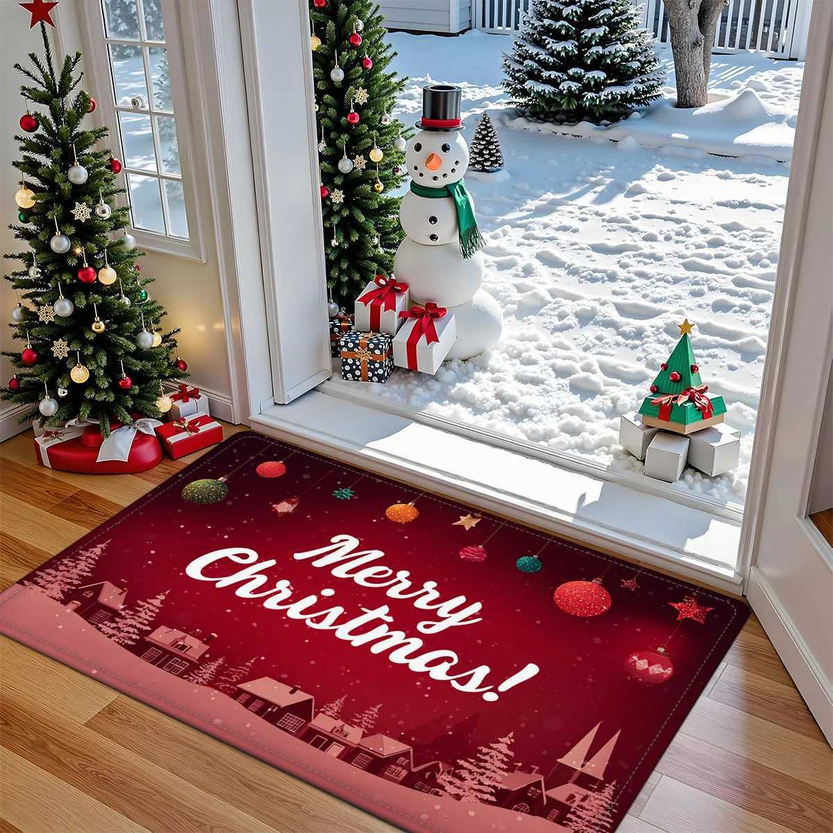 Christmas Doormat Carpet Heavy-Duty Absorbent Non-Slip Mat with Merry Christmas Text Machine Washable for Front Door DecorM251117