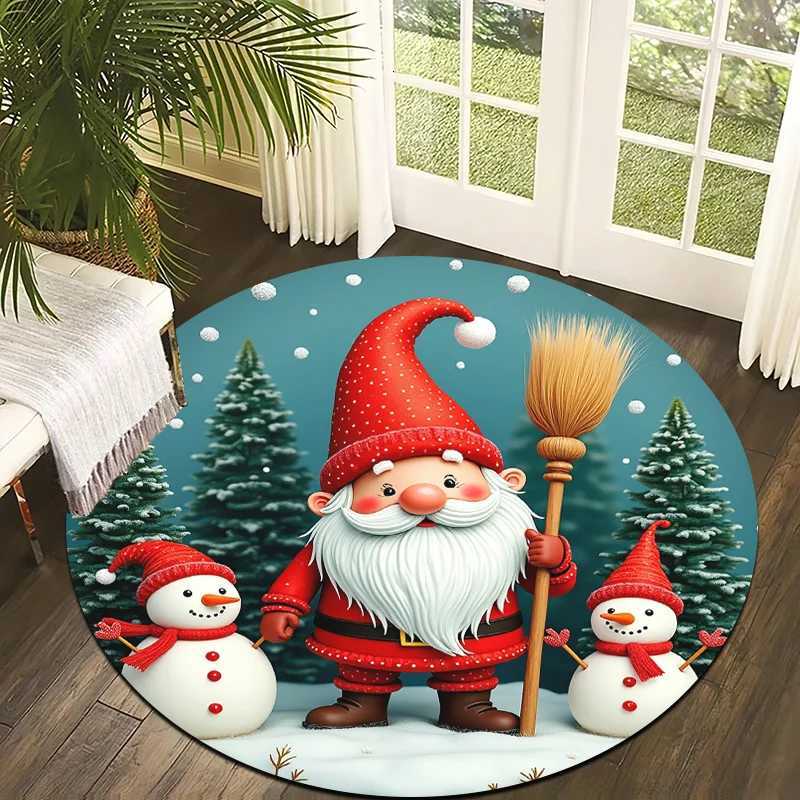 1pc Christmas Mat with Santa Snowmen - Non-Slip Round Mat Turquoise Winter Mat for /Outdoor Use Machine Washable Soft DecorM251117