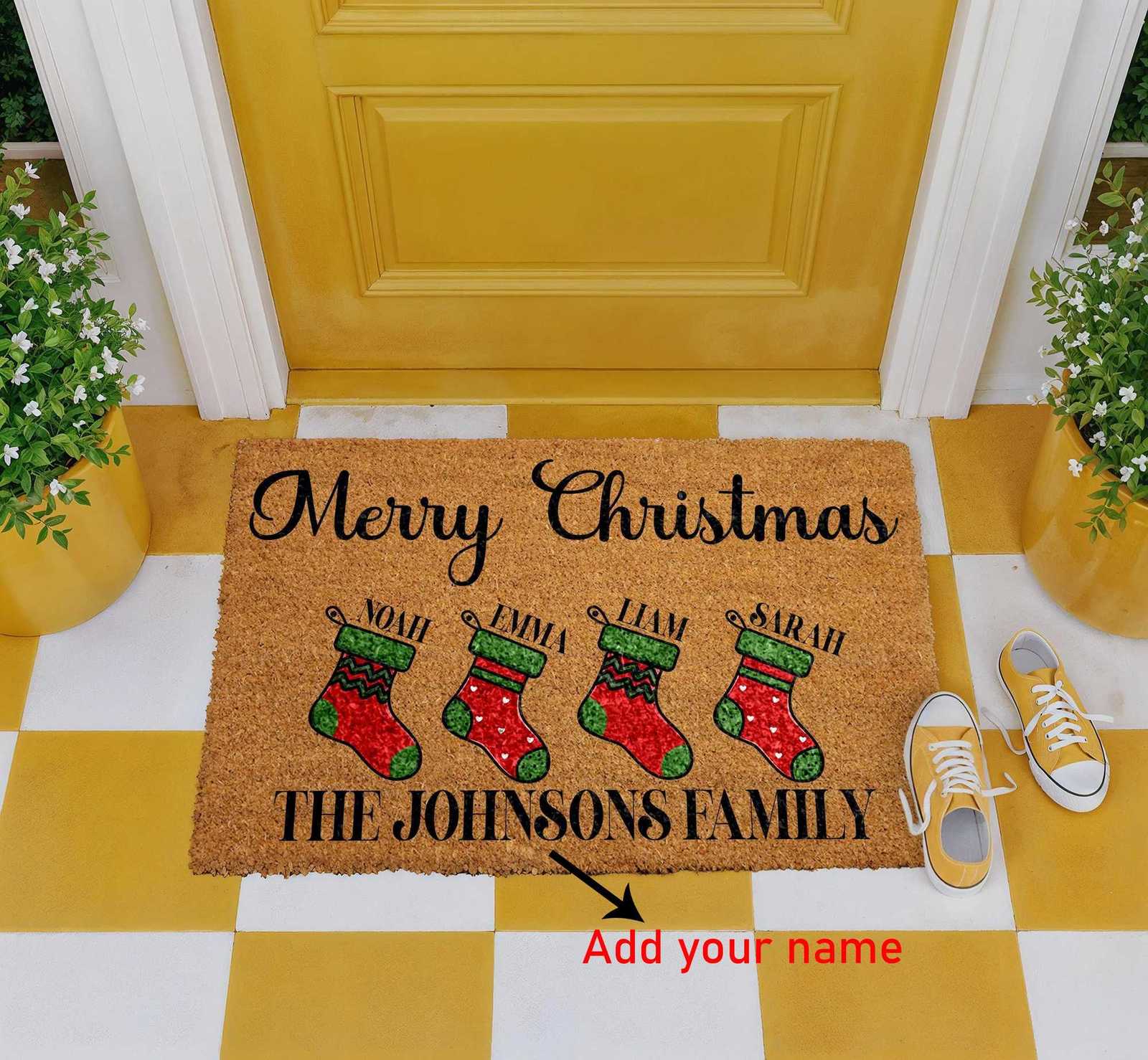 Personalized Christmas Stocking Doormat with Custom Family Names Festive Welcome Mat for Front Door Customized Gift for New HomeM251117