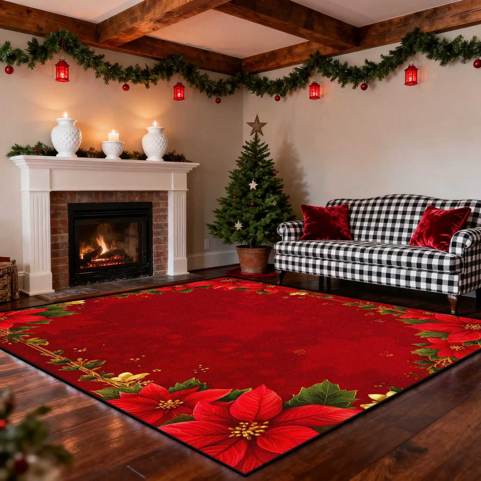 European Style Christmas Poinsettia Flower Decoration Carpet Living Room Large Area Plush Rugs Bedroom Warm Atmosphere Floor MatM251117