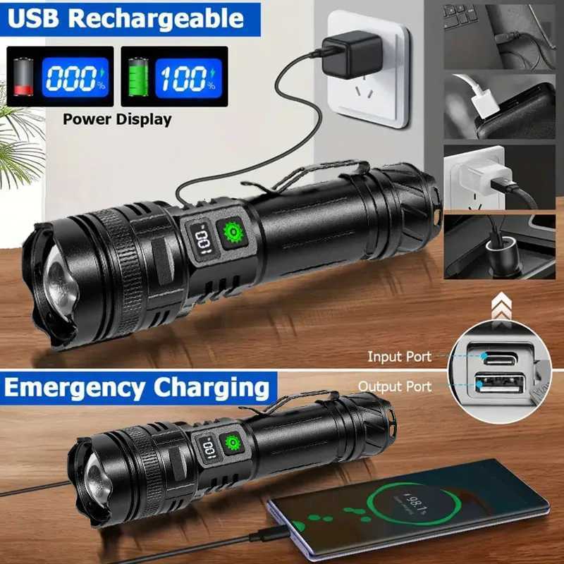 High Power LED Flashlight Type-C USB Rechargeable Long Range Tactical Torch Strong Light Lamp Outdoor Ultra Powerful Flash Light M251117