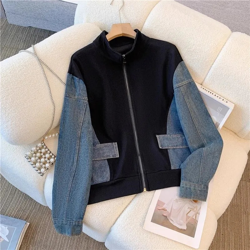 Y2K Vintage Denim Two-Piece Set Patchwork Long Sleeve Coat & High Waist Wide Leg Pants for Women - Loose Straight Fit C260312