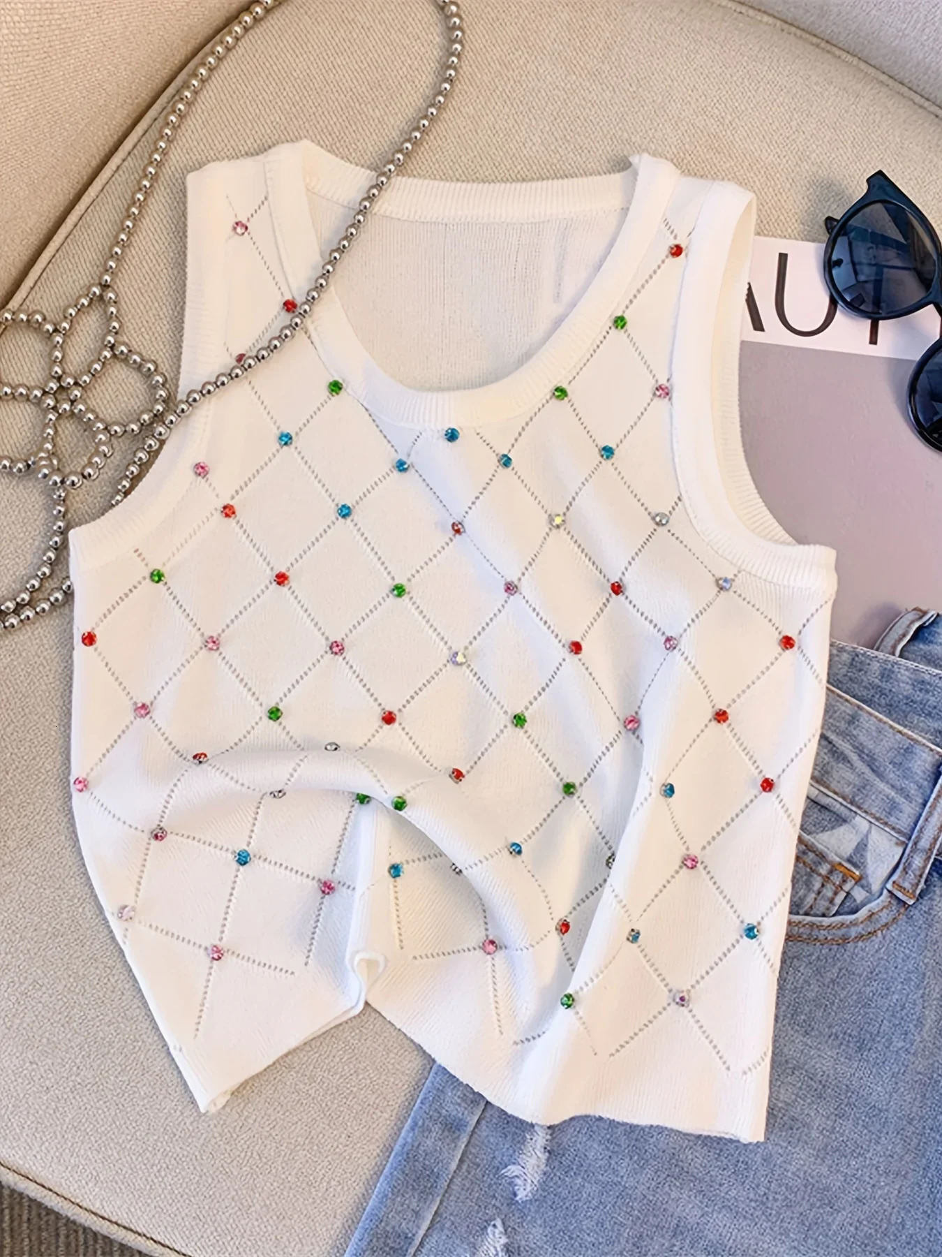 Colorful Rhinestone Knitted Tank Top Casual Crew Neck Sleeveless Tank Top For Summer Womens Clothing Crop Top Camis 250417