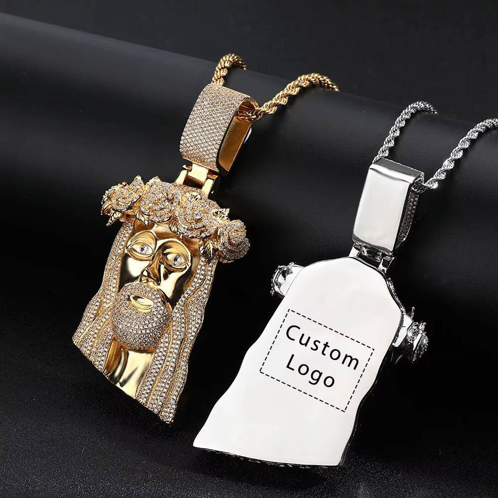 Moissanite Hip Hop Style Iced Out Diamond Jesus Pendant with Rose Custom Jewelry Gold Silver Plated Jesus Religious Christian Pendant Gift