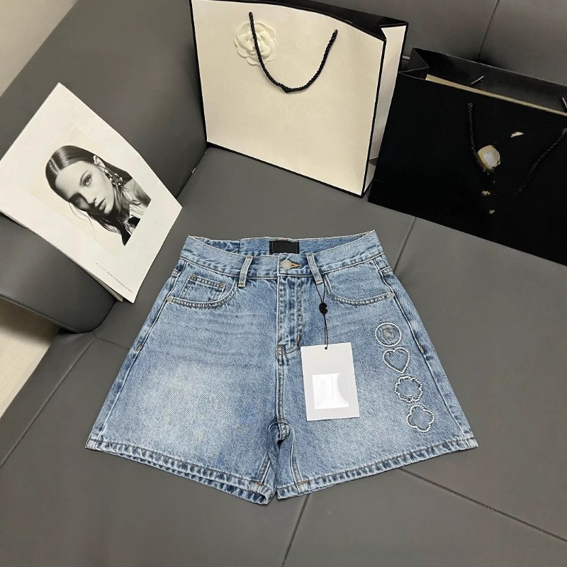 Brand Fashion Light Blue Letter Embroidery Pattern Denim Women's Shorts