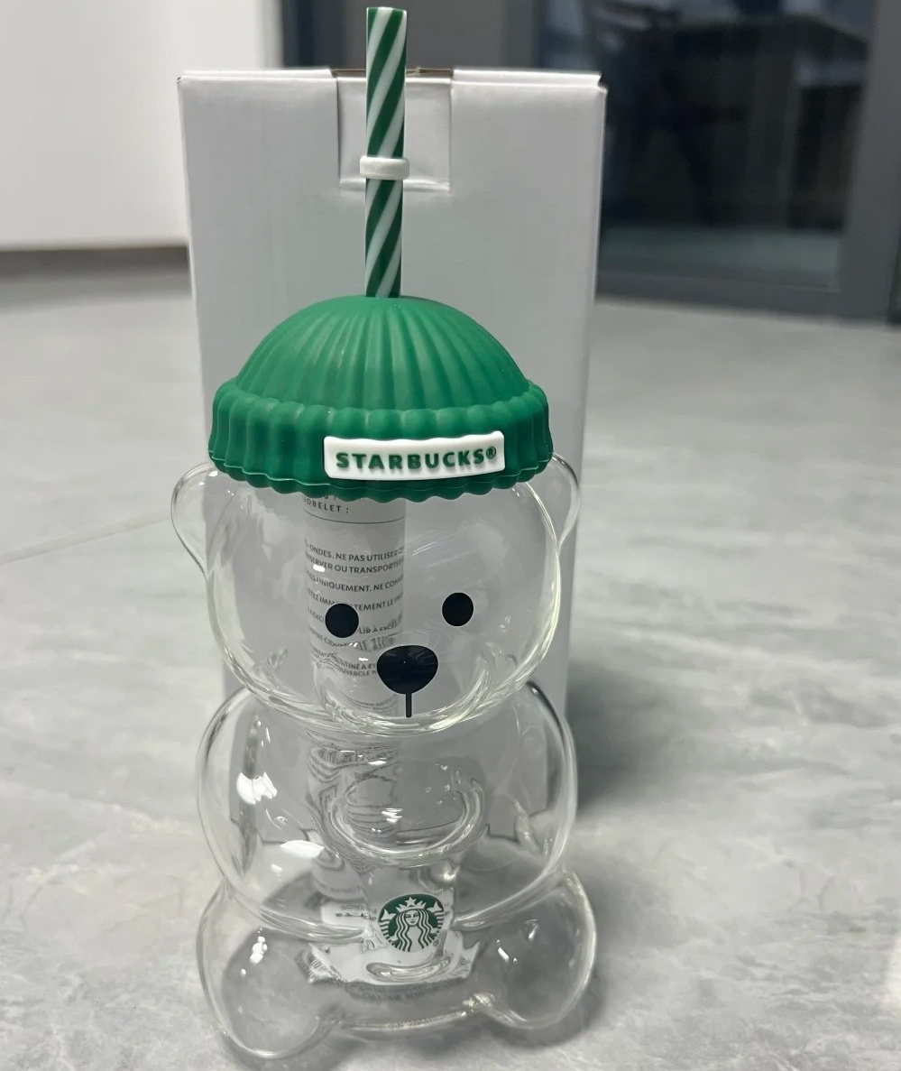 Star bucks Glass Bearista Cup 20OZ With Straw Cute Transparent Bear Tumbler Cups With Hat For Iced Coffee Cold Drinking Water Bottles For Christmas Gift Wholesale