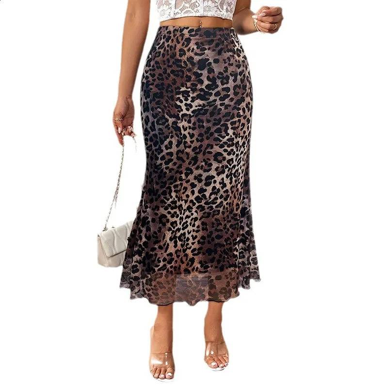 Sexy leopard print fishtail skirt for womens autumn 2024 dress with elastic mesh fabric 250415Z